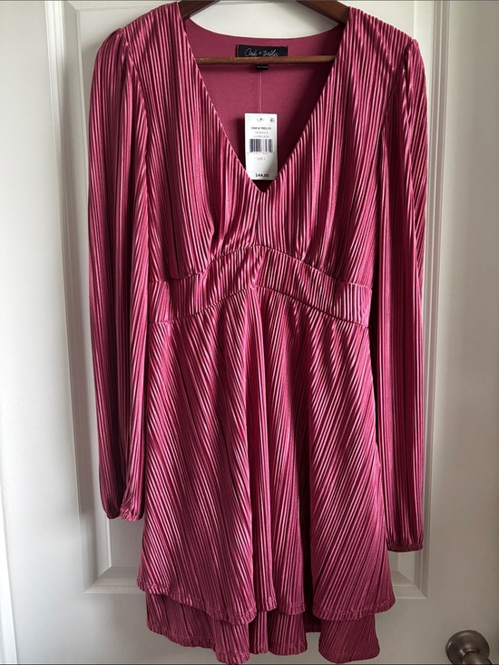 Oak & Trellis Dresses & Skirts - Women's Long Sleeve V-Neck Pink Pleated Dress